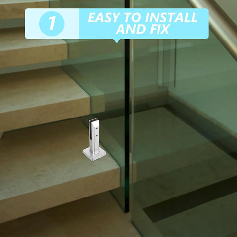 Adjustable Glass Clamp Bracket For Stainless Steel Shelf Holder shown installed on staircase glass railing.