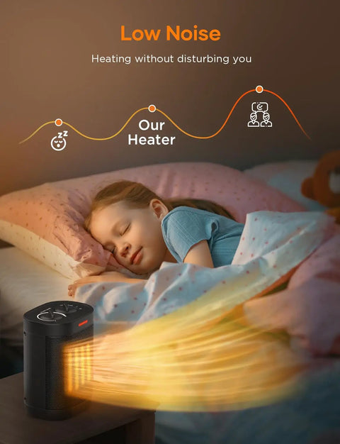 Child sleeping near 1000W Ceramic Space Heater With Thermostat No Fuss Mini Portable Electric Heater For Home Office Desk Fast Safe Heat