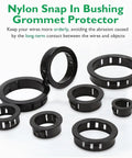 Black nylon snap-in bushing grommets from Knockout Grommet Kit With Snap In Nylon Bushing Grommets, 160 Pcs In Six Sizes
