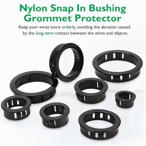 Black nylon snap-in bushing grommets from Knockout Grommet Kit With Snap In Nylon Bushing Grommets, 160 Pcs In Six Sizes