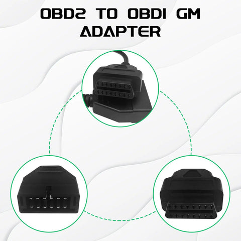 Diagram of OBD1 To OBD2 GM Adapter Cable, 12 Pins To 16 Pins Extension For GM Vehicles with close-up on connector ends.