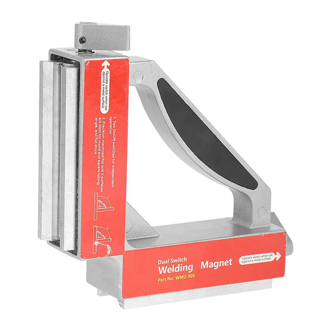 Heavy Duty Dual Switch 90 Degree Welding Magnet Fixture for precise jigging with independent arm control and V groove base.