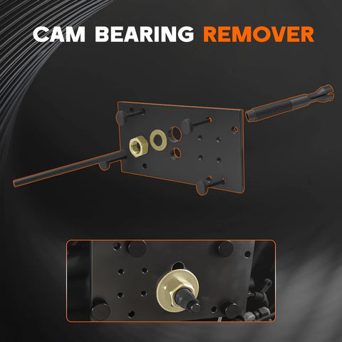 Harley Davidson M8 cam bearing remover tool, front view with plate and drive shaft; inset shows brass nut.