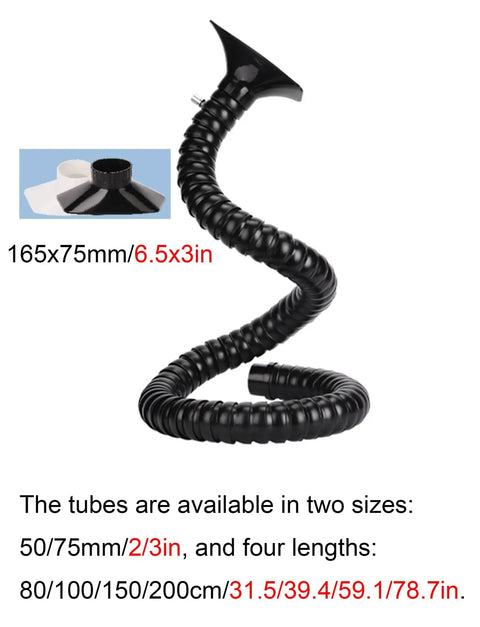 Industrial Fume Extraction Arm With 3 Inch Connector And 360 Degree Flexible Hose For Workshop Dust Removal showing black flexible hose with wide hood.