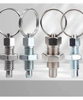 Badass Galvanized And Stainless Steel Indexing Plunger Pins With Ridiculously Slick Pull Ring Knobs For Lightning Quick Positioning On Factory Equipment 2 Pack M10 M12 M16 Sizes, showcasing two styles.