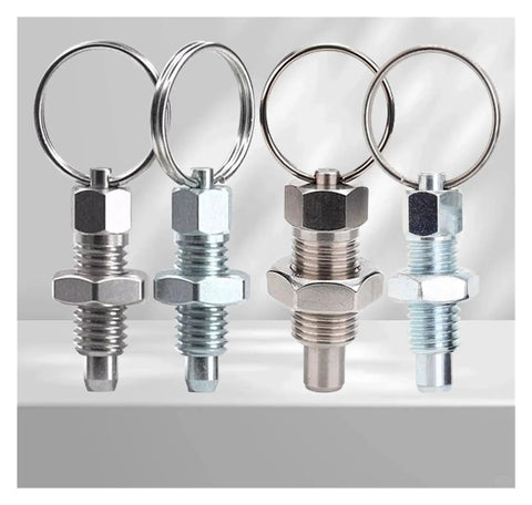 Badass Galvanized And Stainless Steel Indexing Plunger Pins With Ridiculously Slick Pull Ring Knobs For Lightning Quick Positioning On Factory Equipment 2 Pack M10 M12 M16 Sizes, showcasing two styles.