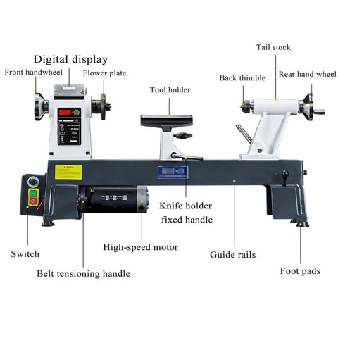 AOXHUGB Mini Wood Lathe For Jewelry Making And Bead Polishing 3200Rpm Motor With 75mm Faceplate detailed control panel and features.