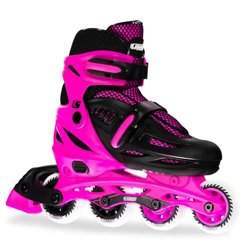 Pink adjustable inline skates for kids with four-size expansion, urethane wheels, ABEC5 bearings, nylon boot, for indoor or outdoor use.