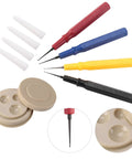 Pro Grade Lubrication Kit With Three Oil Pins And Comfort Holder, showing colored handles and beige holder, for precise use.