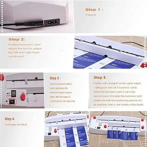 Electric Business Card Cutter With Chamfered Edges And Smooth Nine Blade Action Includes Fifty Matte Cards setup steps showing operation guide