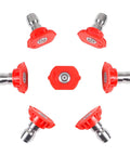 Seven red 0-degree pressure washer nozzle tips with 1/4 in quick-connect fittings, shown from multiple angles