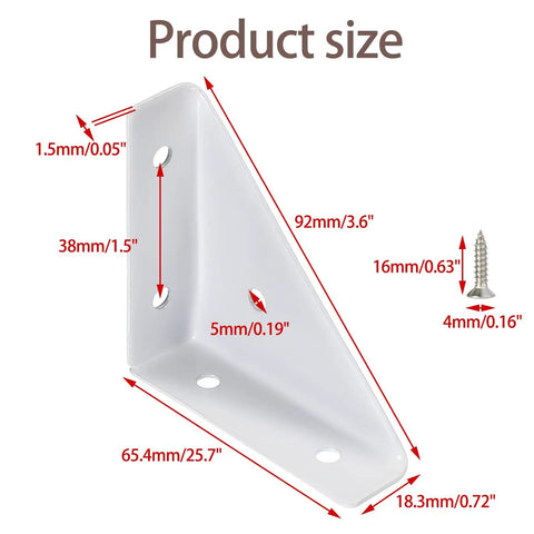 4 Pack White Bed Corner Supports With Sleek Hidden Triangle Shelf Brackets And Cold Rolled Steel Braces For Zero Wobble Desk Edge Reinforcement dimensions with measurements.