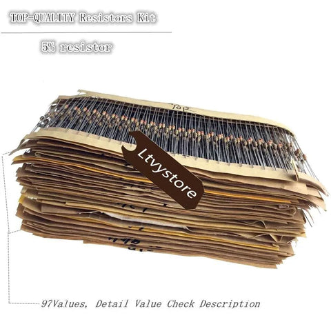 Stack of envelopes containing the Massive 2425 Pieces Carbon Film Resistor Kit with 75 Values from 1 Ohm to 1M Ohm.