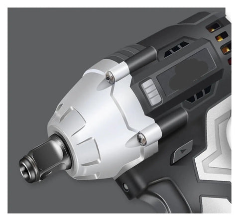 Close-up of Badass Grip Cordless Brushless Impact Wrench With Smooth High Torque Motor for auto repair and woodworking.