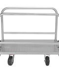Beefed Up Heavy Duty Steel Panel Truck With Triple Side Rails And Hella Tough 2500 Lb Capacity featuring a flat deck and rubber wheels.
