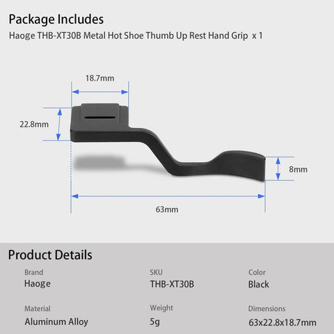 Ergonomic Black Metal Thumb Up Rest Grip For Fujifilm Xt30 Xt20 Xt10 Xt50 Xt30iii Cameras with dimensions and details shown
