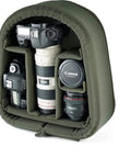 Rucksack 25 Camera Bag For DSLR Gear With Tablet Pocket displaying padded dividers with lens and camera storage in sage FibreNyte.