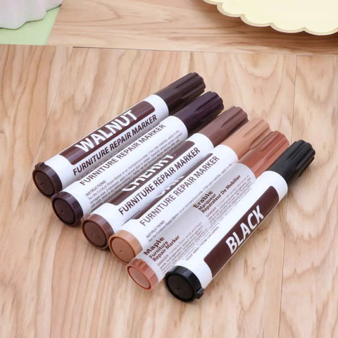 Walnut Wood Repair Marker Upgrade Kit For Fast Furniture Scratch Fix Pen With Wax Sticks And Sealant, markers on wood surface.