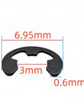 External Heavy Duty E Clip Retaining Rings For 3mm Shafts, 12mm Outer Diameter And 3mm Inner Diameter, Carbon Steel With Black Oxide Finish, 500 Pack Circlip Snap Rings For Machinery, Automotive, And DIY Projects. Side view showing 6.95mm width, black finish.