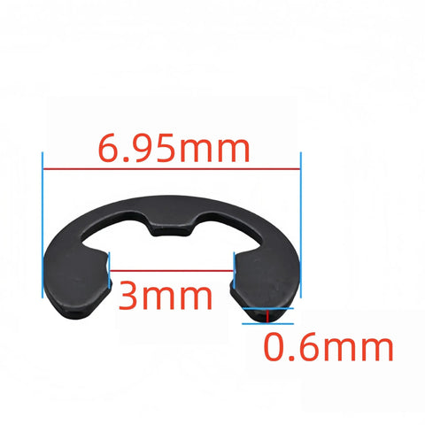 External Heavy Duty E Clip Retaining Rings For 3mm Shafts, 12mm Outer Diameter And 3mm Inner Diameter, Carbon Steel With Black Oxide Finish, 500 Pack Circlip Snap Rings For Machinery, Automotive, And DIY Projects. Side view showing 6.95mm width, black finish.