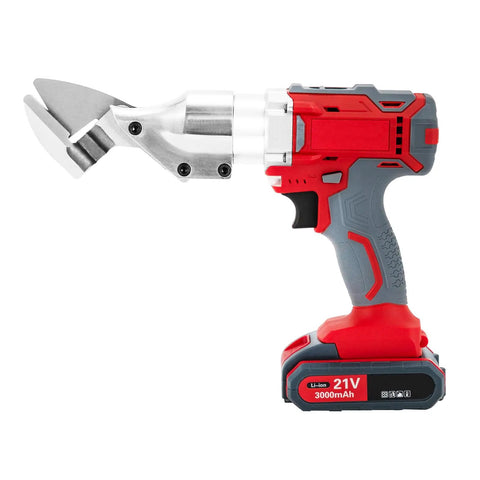 Professional 21V Cordless Electric Metal Shears With Two-Speed Setting, red and gray battery-powered scissors with chrome vanadium blades.