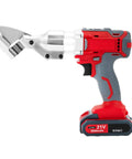 Heavy Duty JLYNOWPT Cordless Electric Metal Shear With Quick Charge Battery Powered Scissors side view showing metal cutting blades.