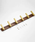 Heavy Duty Solid Wood Wall Hooks Slick Brushed Gold Finish Double Arm Coat Rack with five hooks and mounting hardware.