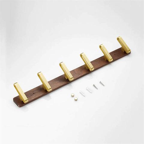 Slick Wall Mounted Solid Wood Double Coat Hook With Brushed Gold Finish, ideal for organizing jackets and bags.