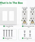 Heavy Duty Tamper Resistant Decorator Outlet Combo Kit Featuring Kid Proof Shutters Two Gang Screwless Wall Plate Set components including wall plate and duplex outlets.