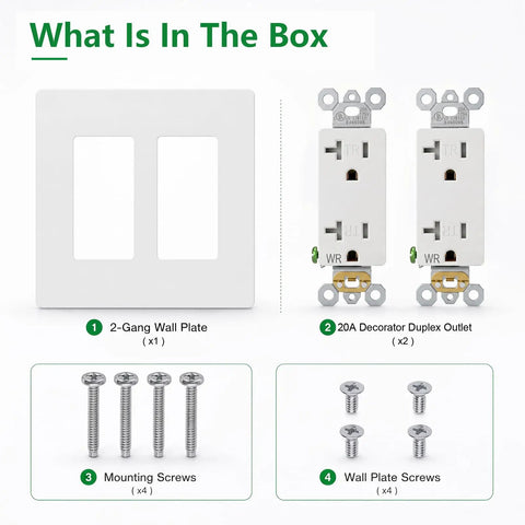 Heavy Duty Tamper Resistant Decorator Outlet Combo Kit Featuring Kid Proof Shutters Two Gang Screwless Wall Plate Set components including wall plate and duplex outlets.
