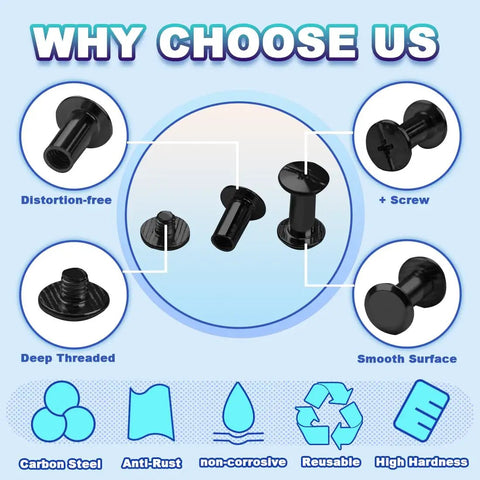 Black Chicago Screws from Rock Your Craft With Top Shelf Leathercraft Rivets DIY Kit, highlighting smooth surface and deep threading.