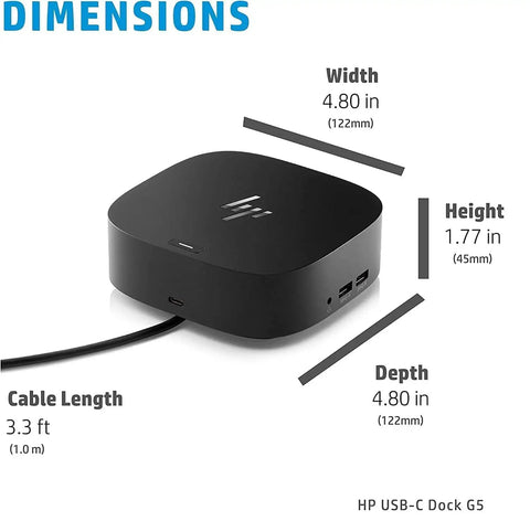 Legit Slick One Cable USB C Dock And Thunderbolt Hub Bundle With Eleven Ports for size and dimension details, black docking station view.