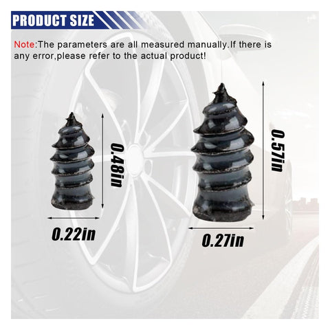 DIY Tire Patch Kit With 40 Rubber Plugs, small and large sizes, shown against tire backdrop for self-service puncture repair.