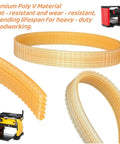 Four Pack Heavy Duty Six Rib Planer Drive Belt With Non Slip Grip And Rock Solid Build Killer Replacement For Dewalt Dw733 and Craftsman Thirteen Inch Jointer Oem Cross Reference 285968 00, showing poly V belts.