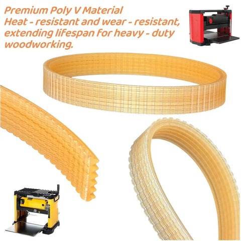 Four Pack Heavy Duty Six Rib Planer Drive Belt With Non Slip Grip And Rock Solid Build Killer Replacement For Dewalt Dw733 and Craftsman Thirteen Inch Jointer Oem Cross Reference 285968 00, showing poly V belts.