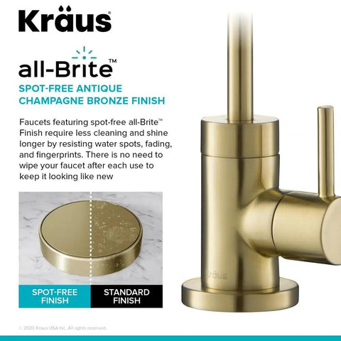 Hella Durable Standalone Kitchen Water Filter Faucet In 100 Percent Lead Free Brass With A Slick Spot Free Antique Champagne Bronze Finish showing spot-free finish feature.