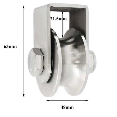 Stainless Steel U Type Groove Sliding Wheel Roller Track Rail Fixed Pulley With Bearing Heavy Duty Long Style Silver Tone For Industrial Doors Machinery And Sliding Systems, 63x48mm