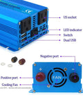 Rear view of Powerful 500W Continuous Pure Sine Wave Car Inverter 24V DC to 110V 120V AC with 2 sockets and USB port