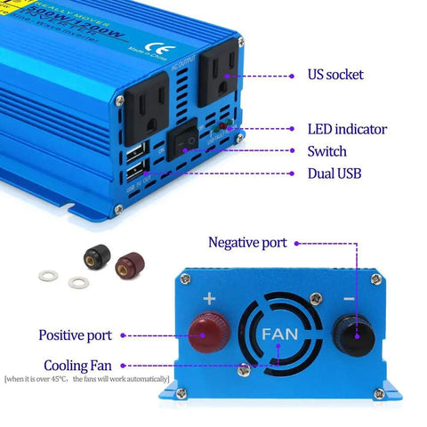 Rear view of Powerful 500W Continuous Pure Sine Wave Car Inverter 24V DC to 110V 120V AC with 2 sockets and USB port