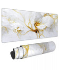 Rolled and flat view of Boss Size Desk Pad For Gaming And Work 31.5 By 11.8 Inches Waterproof Thick Desk Mat White Gold Marble Flower