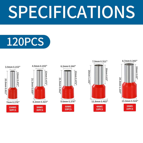 Five Size Copper Wire Ferrule Kit With Insulated Pin Terminals For AWG 10 8 6 4 2 showing specifications and dimensions.