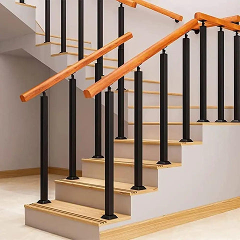 Heavy Duty Stair Railing Kit Featuring Rock Solid Wrought Iron Balusters With Fully Adjustable Spindles For Porch Deck And Staircase Setup No Fuss Quick Install Black on staircase with wooden steps.
