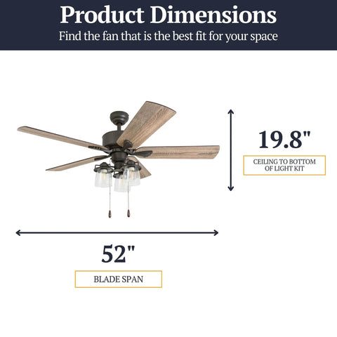 River Run 52 Inch Farmhouse LED Ceiling Fan With Light, bronze finish, rustic barn wood blades, product dimensions shown