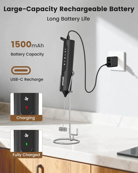 Rechargeable Handheld Milk Frother With Stand, USB C Charge, 3 Speeds And 3 Heads, Travel Case Included on kitchen counter