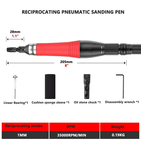 No Nonsense Pneumatic Reciprocating Sander Pen Delivering Sick 35000 Rpm Performance, 8 inch length, includes bearings and wrench.