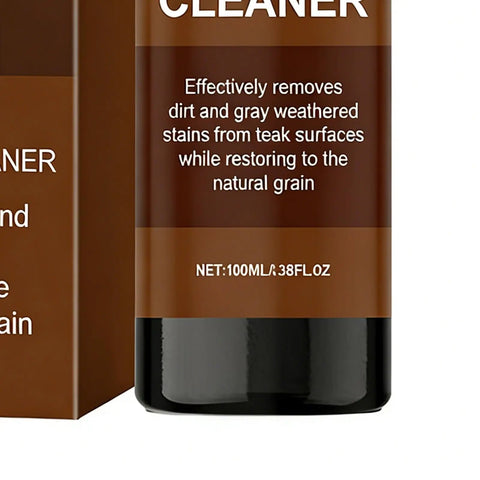 Label of All In One Teak Wood Cleaner And Restoration Kit With Brightener showing stain removal details and 100ml size