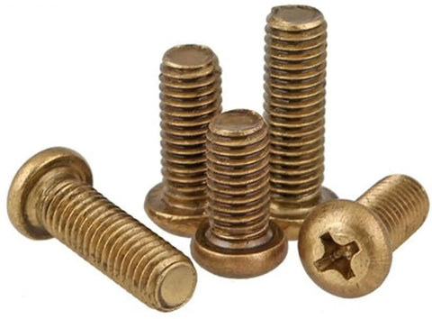 Top Tier Brass Self Tapping Screws With Classic Phillips Round Head Design showing M3 25mm screws in a group with rust resistant finish.