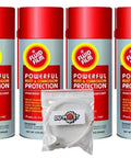 Four cans of Beefed Up Heavy Duty Rust And Corrosion Protection Aerosol Spray with 24 inch hose, for metal surfaces and home use.