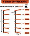 Heavy Duty Six Shelf Lumber Rack Wall Mount Wood Organizer Built Tough For Garage Storage Rock Solid Steel Construction dimensions diagram