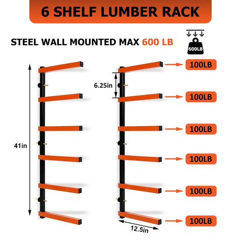 Heavy Duty Six Shelf Lumber Rack Wall Mount Wood Organizer Built Tough For Garage Storage Rock Solid Steel Construction dimensions diagram